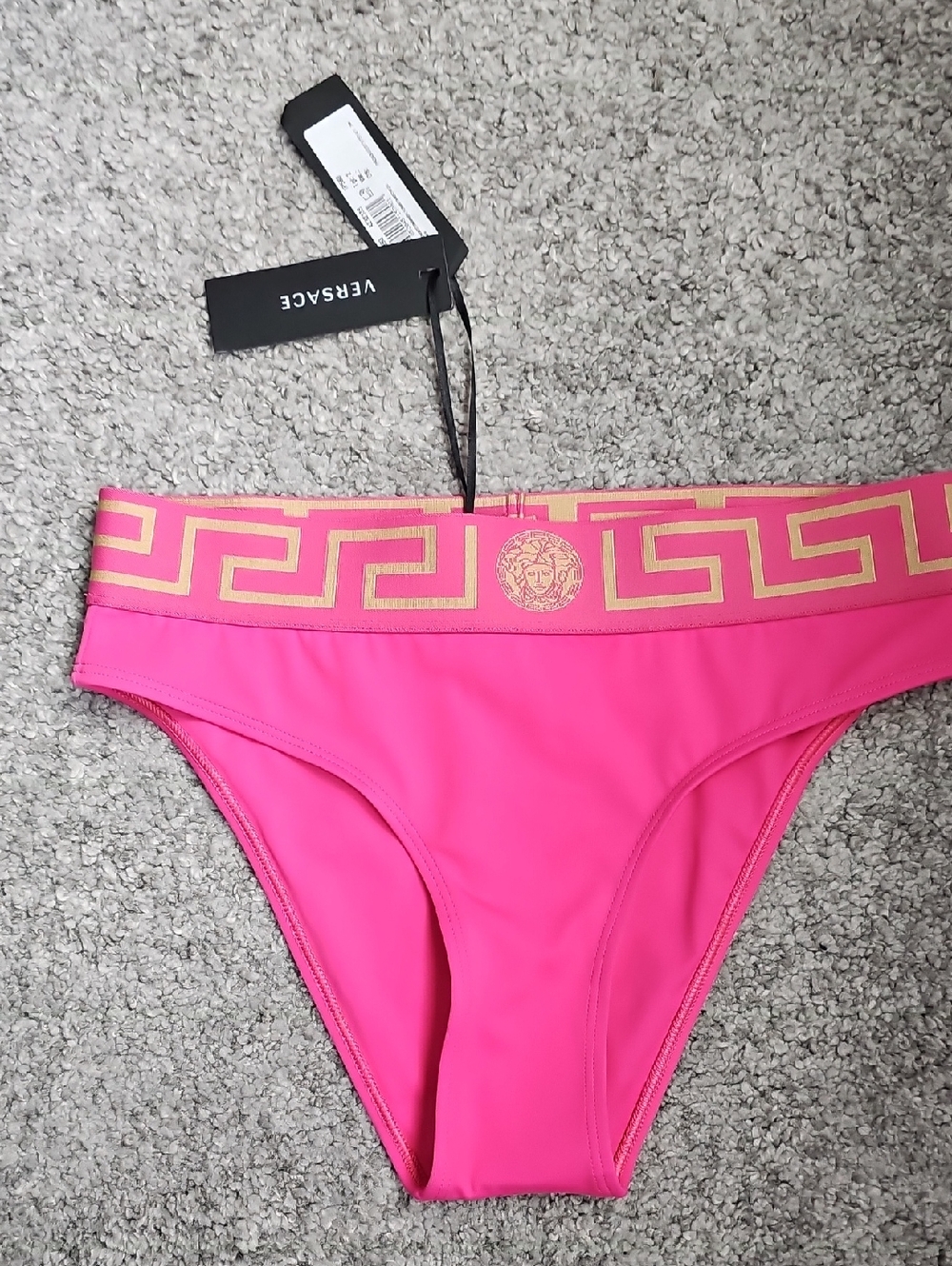 Versace Hot Pink Bikini Bottom with Gold Greek Key Waistband